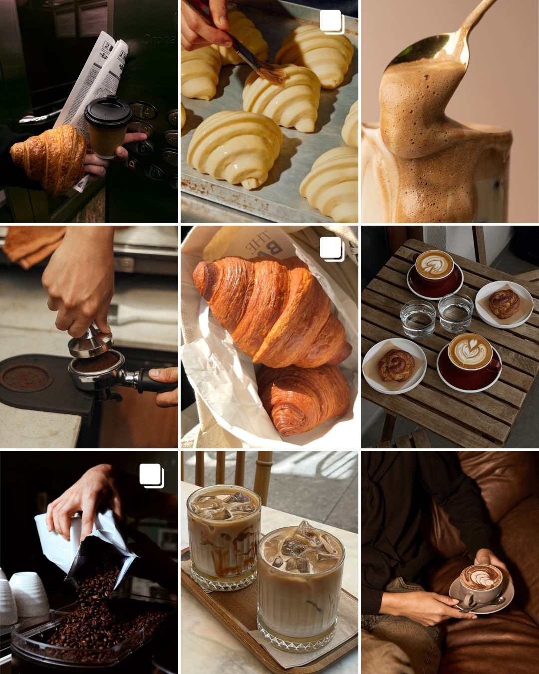 Three by three Instagram grid for a specialty café: croissants, espresso tamping, iced lattes in warm morning light