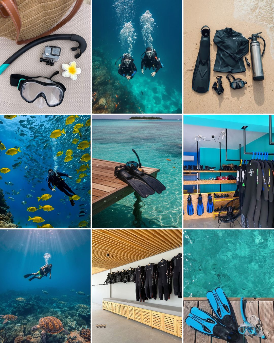 Three by three Instagram grid for a dive school: divers underwater, gear laid on sand, turquoise water and turtles