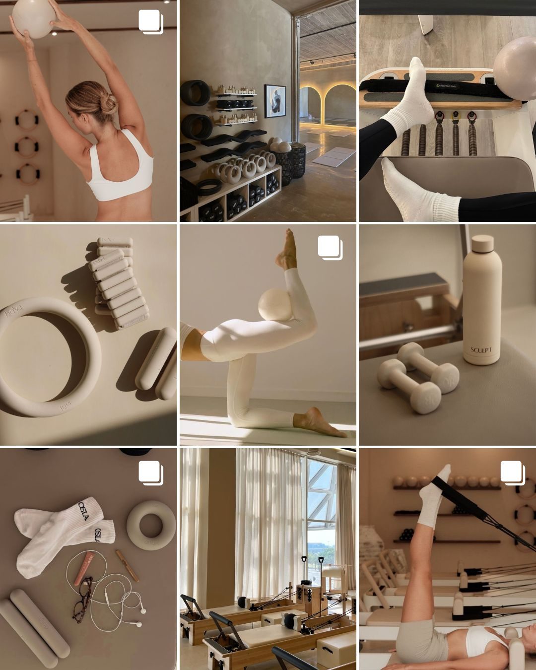 Three by three Instagram grid for a reformer pilates studio: bone and greige palette, equipment still lifes, bodies mid movement