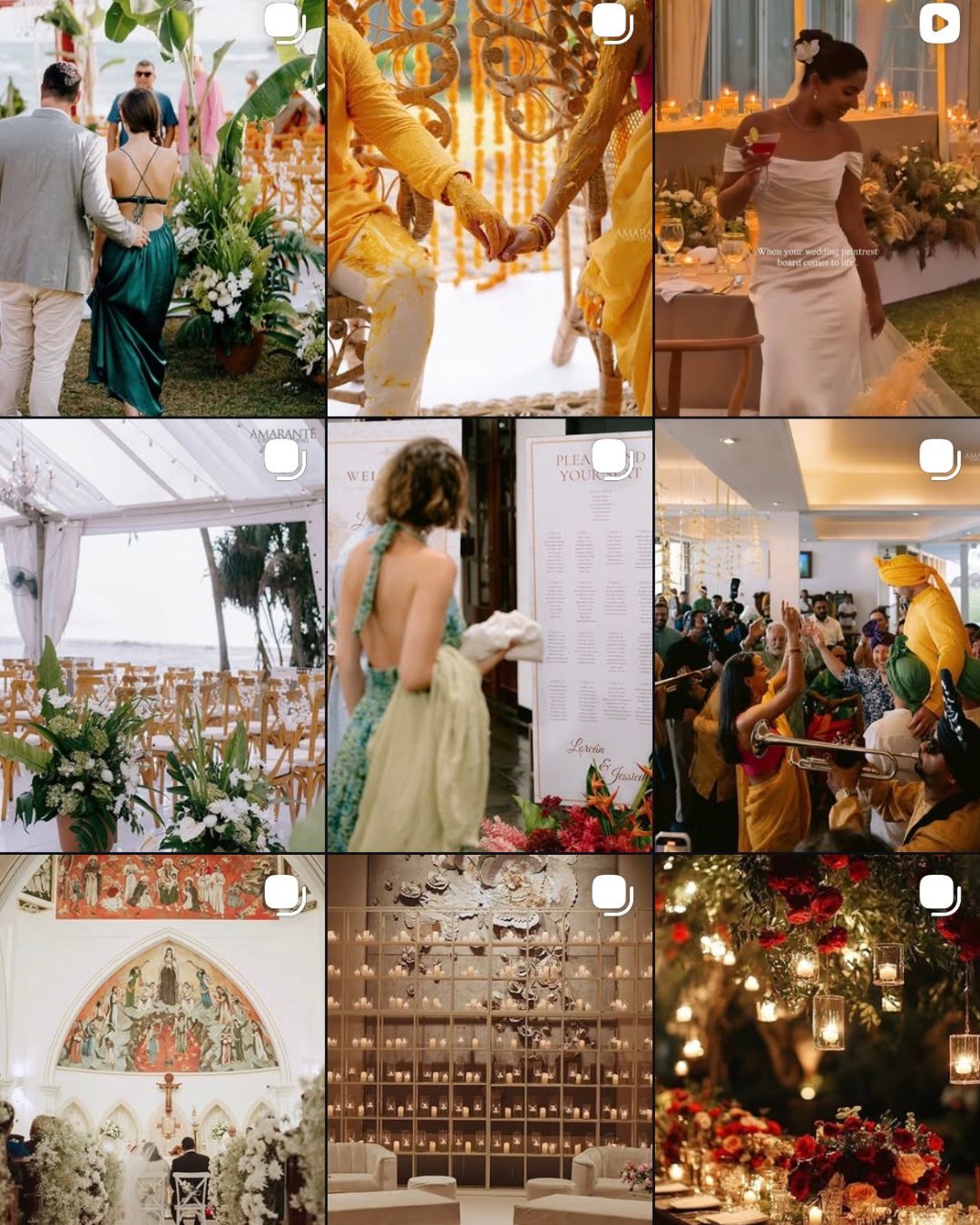 Three by three Instagram grid for destination weddings: ceremonies by the sea, candlelit interiors, haldi and baraat moments